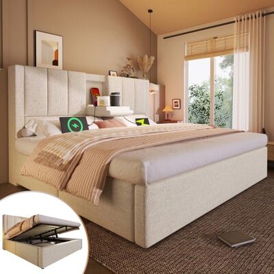 NOBRAND Lit double 180x200 avec rangement hydraulique sommier lattes inclus porte-gobelet et recharge USB intégrés lin beigeSans Matelas Beige - Publicité NOBRAND Lit double 180x200 avec rangement hydraulique sommier lattes inclus porte-gobelet et recharge USB intégrés lin beigeSans Matelas Beige - Publicité