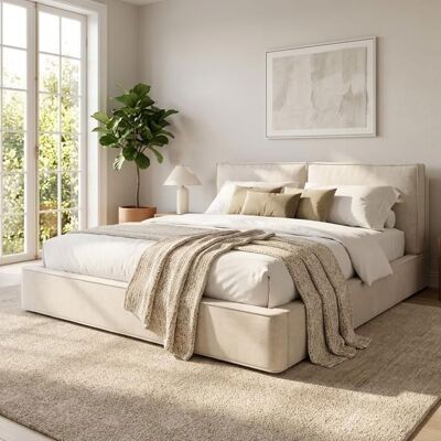 LEMLIT Lit coffre double 180x200 cm lit 2 places rembourré tête de lit épaisse rangement hydraulique sommier à lattes - chenille - beige Beige - Publicité LEMLIT Lit coffre double 180x200 cm lit 2 places rembourré tête de lit épaisse rangement hydraulique sommier à lattes - chenille - beige Beige - Publicité