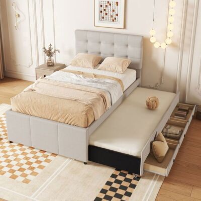 MERAX Lit Gigogne Rembourré - 90x200 cm - Lit d’appoint 90x190 cm - 3 Tiroirs de Rangement - Tête de Lit Réglable Beige - Publicité MERAX Lit Gigogne Rembourré - 90x200 cm - Lit d’appoint 90x190 cm - 3 Tiroirs de Rangement - Tête de Lit Réglable Beige - Publicité