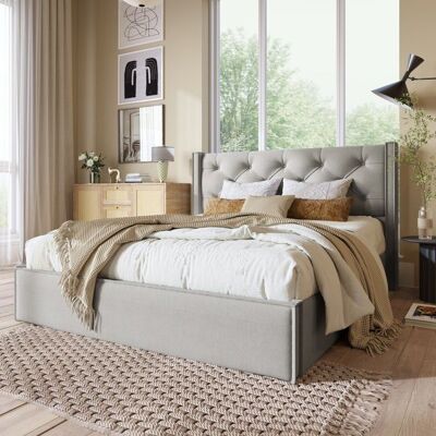 NOBRAND Lit double hydraulique capitonné 160x200cm gris clair cadre métal sommier lattes espace rangement design moderne coton Sans Matelas - Publicité NOBRAND Lit double hydraulique capitonné 160x200cm gris clair cadre métal sommier lattes espace rangement design moderne coton Sans Matelas - Publicité