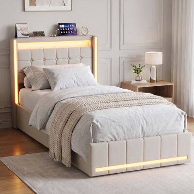 Lit Coffre 90x200 cm avec LED SORVAGLOSUSB et Hydraulique Lit Simple en Lin Beige Grand Rangement Tête de Lit Capitonnée Beige - Publicité Lit Coffre 90x200 cm avec LED SORVAGLOSUSB et Hydraulique Lit Simple en Lin Beige Grand Rangement Tête de Lit Capitonnée Beige - Publicité