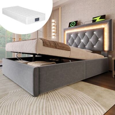 NOBRAND Lit Simple Capitonné Velours Gris 90x200cm- Bande LED Diamant USB Type-C-Coffre Hydraulique Sommier Lattes-avec Matelas-LED Gris - Publicité NOBRAND Lit Simple Capitonné Velours Gris 90x200cm- Bande LED Diamant USB Type-C-Coffre Hydraulique Sommier Lattes-avec Matelas-LED Gris - Publicité