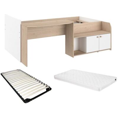 VENTE-UNIQUE Lit combiné 90 x 190/200 cm - Coloris : Naturel et blanc + Sommier + Matelas - MIVONA Beige - Publicité VENTE-UNIQUE Lit combiné 90 x 190/200 cm - Coloris : Naturel et blanc + Sommier + Matelas - MIVONA Beige - Publicité