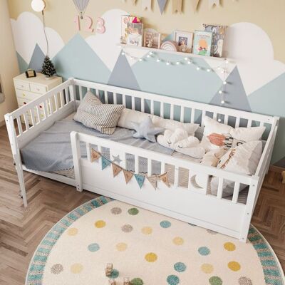 NOBRAND Lit de sol pour enfant 90 x 190 cm avec barreaux verrouillables Lit enfant avec sommier à lattes sans matelas blanc Blanc - Publicité NOBRAND Lit de sol pour enfant 90 x 190 cm avec barreaux verrouillables Lit enfant avec sommier à lattes sans matelas blanc Blanc - Publicité
