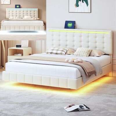 WOEDVJN Lit 160x200 cm avec LED et 2 chargement USB Lit double avec sommier à lattes Structure de lit flottant rembourré Lin Beige Beige - Publicité WOEDVJN Lit 160x200 cm avec LED et 2 chargement USB Lit double avec sommier à lattes Structure de lit flottant rembourré Lin Beige Beige - Publicité