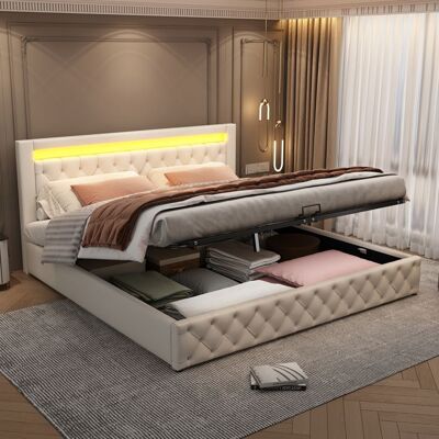 LEMONBEST Lit double rembourré 180 x 200 cm avec éclairage LED Lit coffre avec sommier à lattes et Rangement Tissu PU Blanc Blanc - Publicité LEMONBEST Lit double rembourré 180 x 200 cm avec éclairage LED Lit coffre avec sommier à lattes et Rangement Tissu PU Blanc Blanc - Publicité