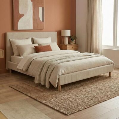 Lit 1 place - SAMPUR - Prince - 90 x 190 cm - Velours côtelé beige - Sommier à lattes inclus Beige - Publicité Lit 1 place - SAMPUR - Prince - 90 x 190 cm - Velours côtelé beige - Sommier à lattes inclus Beige - Publicité