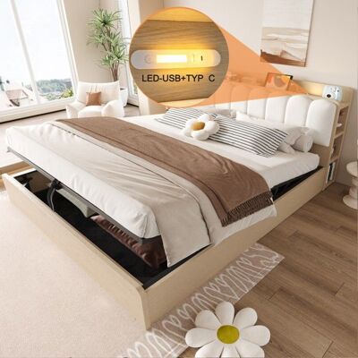 NOBRAND Lit double bois naturel 180x200 coffre hydraulique tête rembourrée étagère USB matelas non fourni - Publicité NOBRAND Lit double bois naturel 180x200 coffre hydraulique tête rembourrée étagère USB matelas non fourni - Publicité