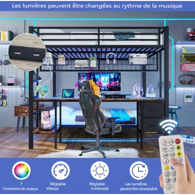 Lit mezzanine - LANGTU - 140x200/90x200 - LED 7 couleurs - Port USB - Tiroirs & bureau intégré Noir - Publicité Lit mezzanine - LANGTU - 140x200/90x200 - LED 7 couleurs - Port USB - Tiroirs & bureau intégré Noir - Publicité