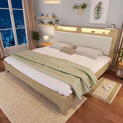 LEMONBEST Lit double 140 × 200 cm Lit adulte avec éclairage LED Tête de lit rembourrée en velours côtelé avec rangement chêne + beige Marron - Publicité LEMONBEST Lit double 140 × 200 cm Lit adulte avec éclairage LED Tête de lit rembourrée en velours côtelé avec rangement chêne + beige Marron - Publicité