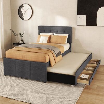 Blueline Lit rembourré 90x200cm (90x190cm) lit familial lit avec trois tiroirs lit extensible tête de lit réglable sans matelas gris Gris - Publicité Blueline Lit rembourré 90x200cm (90x190cm) lit familial lit avec trois tiroirs lit extensible tête de lit réglable sans matelas gris Gris - Publicité