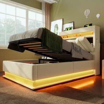 Lit coffre - Becag - Lit enfant 90x200cm avec LED et USB Type-C - Lit simple rembourré avec rangement hydraulique Lin Beige Beige - Publicité Lit coffre - Becag - Lit enfant 90x200cm avec LED et USB Type-C - Lit simple rembourré avec rangement hydraulique Lin Beige Beige - Publicité