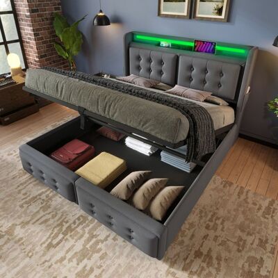 LEMLIT Lit Coffre 160x200 cm Gris Lit Simple Rembourré avec Tête de Lit LED Prises USB-C et Sommier à Lattes Relevable - Tissu Coton Lin Gris - Publicité LEMLIT Lit Coffre 160x200 cm Gris Lit Simple Rembourré avec Tête de Lit LED Prises USB-C et Sommier à Lattes Relevable - Tissu Coton Lin Gris - Publicité