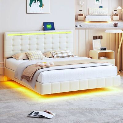 DANS LES NUAGES Lit 160x200 cm avec LED et port USB structure de lit flottant 160x200 cm avec sommier à lattes tissu en lin beige Beige - Publicité DANS LES NUAGES Lit 160x200 cm avec LED et port USB structure de lit flottant 160x200 cm avec sommier à lattes tissu en lin beige Beige - Publicité