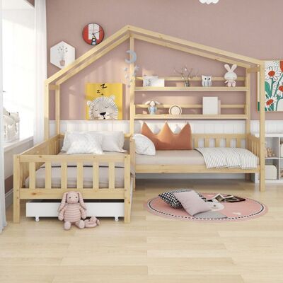NOBRAND Lit Cabane enfants 90x200 cm et 140x70 cm Lit Double avec Tiroirs et étagères Sommier et lattes Structure en L Natur Beige - Publicité NOBRAND Lit Cabane enfants 90x200 cm et 140x70 cm Lit Double avec Tiroirs et étagères Sommier et lattes Structure en L Natur Beige - Publicité