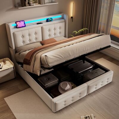 LEMLIT Lit Coffre 160x200 cm Beige Lit Simple Rembourré avec Tête de Lit LED Prises USB-C et Sommier à Lattes Relevable - Tissu Coton Lin Beige - Publicité LEMLIT Lit Coffre 160x200 cm Beige Lit Simple Rembourré avec Tête de Lit LED Prises USB-C et Sommier à Lattes Relevable - Tissu Coton Lin Beige - Publicité