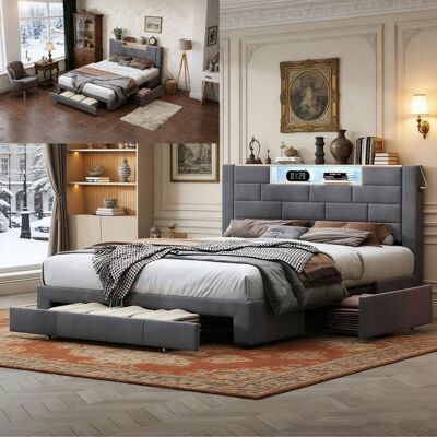 Lit 140x190 cm - COZY - LED - tissu en velours - cadre de lit double 140x190 cm - gris Gris - Publicité Lit 140x190 cm - COZY - LED - tissu en velours - cadre de lit double 140x190 cm - gris Gris - Publicité