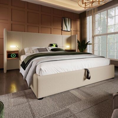 NOBRAND Lit Double 160x200 avec Table de Chevet Intégrée et Prise USB-C - Structure en Bois et Métal - Tête de Lit Beige Lin(sans Matelas) Beige - Publicité NOBRAND Lit Double 160x200 avec Table de Chevet Intégrée et Prise USB-C - Structure en Bois et Métal - Tête de Lit Beige Lin(sans Matelas) Beige - Publicité
