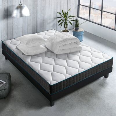 BLUE MOON Pack Matelas ressorts ensachés 140x190 cm ATMOSPHERE + couette + 2 oreillers 7 zones de confort tissu stretch luxe garanti 10 - Publicité BLUE MOON Pack Matelas ressorts ensachés 140x190 cm ATMOSPHERE + couette + 2 oreillers 7 zones de confort tissu stretch luxe garanti 10 - Publicité