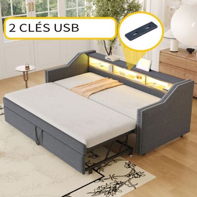 Canapé-lit gigogne rembourré - LANGTU - 90/180 x 190 cm - Rangement multifonction - LED intégrée & port USB - Sommier à lattes Gris - Publicité Canapé-lit gigogne rembourré - LANGTU - 90/180 x 190 cm - Rangement multifonction - LED intégrée & port USB - Sommier à lattes Gris - Publicité
