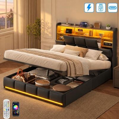 YELENARO Lit Coffre Hydraulique 140x190 avec Sommier - Éclairage LED RGB et USB Type C - Tête de Lit Rangement de Chevet - 2 Personnes - Noir Noir - Publicité YELENARO Lit Coffre Hydraulique 140x190 avec Sommier - Éclairage LED RGB et USB Type C - Tête de Lit Rangement de Chevet - 2 Personnes - Noir Noir - Publicité
