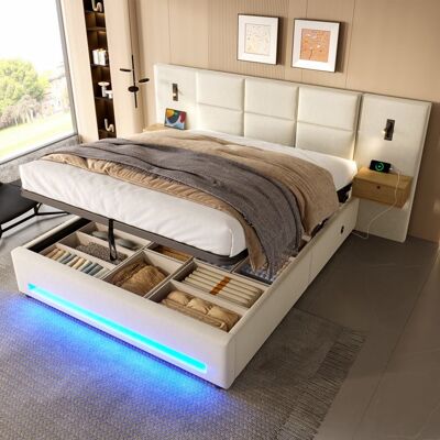 NOBRAND Lit 180x200 avec Sommier à lattes Lit coffre avec veilleuse LED et ports USB-C Cadre de lit 2 place avec table de chevetBeige Beige - Publicité NOBRAND Lit 180x200 avec Sommier à lattes Lit coffre avec veilleuse LED et ports USB-C Cadre de lit 2 place avec table de chevetBeige Beige - Publicité