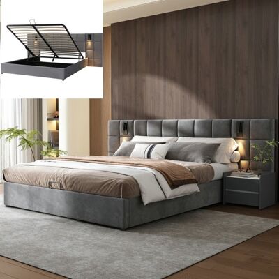 Lit double - LANGTU - Lit coffre hydraulique 180x200 cm - Velours gris - Lampe lecture + USB - Structure acier Gris - Publicité Lit double - LANGTU - Lit coffre hydraulique 180x200 cm - Velours gris - Lampe lecture + USB - Structure acier Gris - Publicité