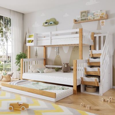 LEMLIT Lit Superposé Enfant avec Lit Gigogne 90x200 + 120x200 cm avec Escalier Rangement Barrières Sécurité - Pin + MDF - Blanc et Naturel Blanc - Publicité LEMLIT Lit Superposé Enfant avec Lit Gigogne 90x200 + 120x200 cm avec Escalier Rangement Barrières Sécurité - Pin + MDF - Blanc et Naturel Blanc - Publicité