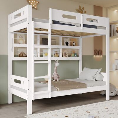 LEMLIT Lit Superposé Enfant 90x200 cm avec Barrière Anti-Chute Étagères de Rangement Ouvertes Échelle 5 Marches - Bois Pin + MDF - Blanc Blanc - Publicité LEMLIT Lit Superposé Enfant 90x200 cm avec Barrière Anti-Chute Étagères de Rangement Ouvertes Échelle 5 Marches - Bois Pin + MDF - Blanc Blanc - Publicité