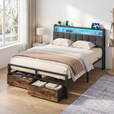 VASAGLE Lit Double 140 x 190 cm avec Tiroir et LED Cadre Métallique Tête de Lit Rembourrée Chargeur Intégré Noir et Marron - Publicité VASAGLE Lit Double 140 x 190 cm avec Tiroir et LED Cadre Métallique Tête de Lit Rembourrée Chargeur Intégré Noir et Marron - Publicité