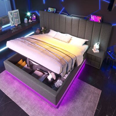 NOBRAND Lit adulte 180x200 avec sommier à latteslit coffre avec LED et USB Ccadre de lit 2 place avec tête de lit sans table de chevet Gris - Publicité NOBRAND Lit adulte 180x200 avec sommier à latteslit coffre avec LED et USB Ccadre de lit 2 place avec tête de lit sans table de chevet Gris - Publicité