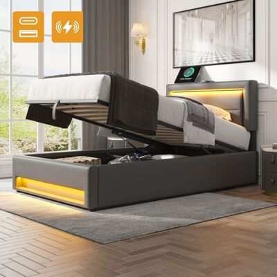 Blueline Lit coffre - Similicuir - 90x200 cm - Éclairage LED - Port USB - Gris Gris - Publicité Blueline Lit coffre - Similicuir - 90x200 cm - Éclairage LED - Port USB - Gris Gris - Publicité