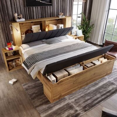LANGTU Lit Double 180x200 Chêne Tête de Lit Lin Pliable 2 Tables de Chevet Banc de Rangement Lampes USB Sommier à Lattes sans Matel - Publicité LANGTU Lit Double 180x200 Chêne Tête de Lit Lin Pliable 2 Tables de Chevet Banc de Rangement Lampes USB Sommier à Lattes sans Matel - Publicité