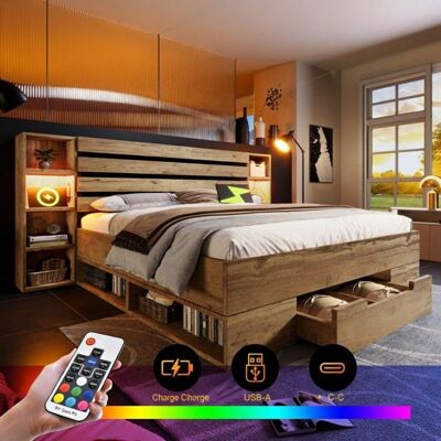 LANGTU Lit Double 160x200 Bois Massif Rangement LED et USB-C Tête de Lit avec Étagères et Tiroirs Sommier à Lattes Chêne (Sans Matel Beige - Publicité LANGTU Lit Double 160x200 Bois Massif Rangement LED et USB-C Tête de Lit avec Étagères et Tiroirs Sommier à Lattes Chêne (Sans Matel Beige - Publicité