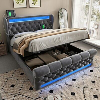 LANGTU Lit Double Rembourré 140x190cm Éclairage LED Tête de Lit avec USB/Type-C Coffre Hydraulique Gris Velours (Sans Matelas) Gris - Publicité LANGTU Lit Double Rembourré 140x190cm Éclairage LED Tête de Lit avec USB/Type-C Coffre Hydraulique Gris Velours (Sans Matelas) Gris - Publicité