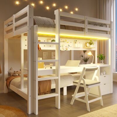 Lit superposé enfant - LEMONBEST - 140×200/90×200 - LED intégrée - Bureau & tiroirs - Pin/MDF Blanc - Publicité Lit superposé enfant - LEMONBEST - 140×200/90×200 - LED intégrée - Bureau & tiroirs - Pin/MDF Blanc - Publicité