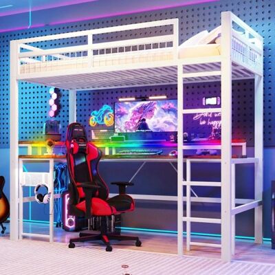 Lit Mezzanine 90x200 - LANGTU - Modèle 90x200 - Cadre métal blanc - Bureau intégré USB/Type-C & prises - LED multicolore Blanc - Publicité Lit Mezzanine 90x200 - LANGTU - Modèle 90x200 - Cadre métal blanc - Bureau intégré USB/Type-C & prises - LED multicolore Blanc - Publicité