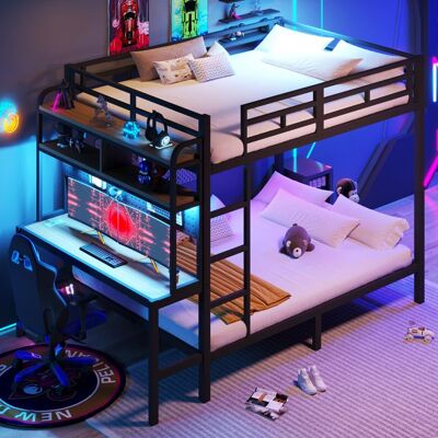 LEMONBEST Lit superposé avec LED 140 x 200 cm Lit double enfant avec bureau port USB et étagères Structure en Métal Noir Noir - Publicité LEMONBEST Lit superposé avec LED 140 x 200 cm Lit double enfant avec bureau port USB et étagères Structure en Métal Noir Noir - Publicité