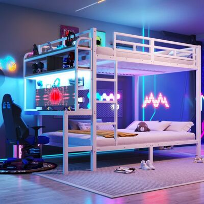 LEMONBEST Lit superposé avec LED 140 x 200 cm Lit double enfant avec bureau port USB et étagères Structure en Métal Blanc Blanc - Publicité LEMONBEST Lit superposé avec LED 140 x 200 cm Lit double enfant avec bureau port USB et étagères Structure en Métal Blanc Blanc - Publicité