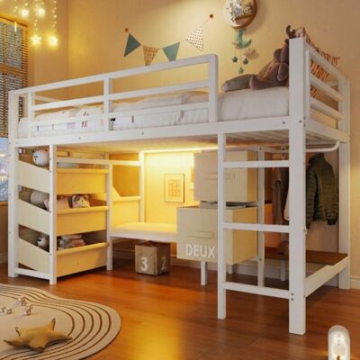 Lit mi-hauteur 90x200 - LANGTU - Métal blanc - LED multicolores - Coussin & rangements tissu - Sommier à lattes Blanc - Publicité Lit mi-hauteur 90x200 - LANGTU - Métal blanc - LED multicolores - Coussin & rangements tissu - Sommier à lattes Blanc - Publicité