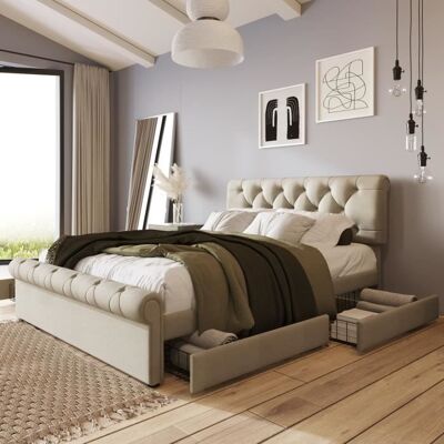 MERAX Lit capitonné 140 x 200 cm avec 2 tiroirs pour 2 places Tissu en lin Tête de lit réglable Désign élégant Couleur naturelle - Publicité MERAX Lit capitonné 140 x 200 cm avec 2 tiroirs pour 2 places Tissu en lin Tête de lit réglable Désign élégant Couleur naturelle - Publicité