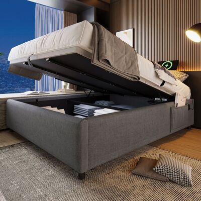 Lit 140×200 cm Lit coffre double rembourré avec USB- C Sans tête de lit - SWEIKO - Gris Gris - Publicité Lit 140×200 cm Lit coffre double rembourré avec USB- C Sans tête de lit - SWEIKO - Gris Gris - Publicité