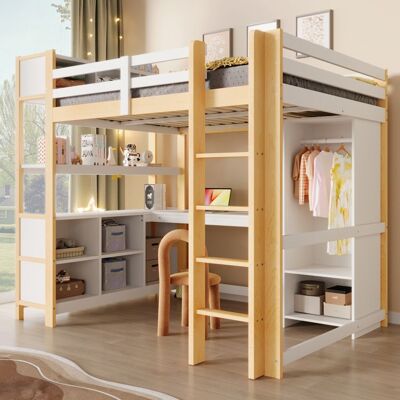 Lit mezzanine enfant - LEMONBEST - 140 x 200 cm - Blanc/Naturel - Bureau intégré - Rangement & sommier à lattes Blanc - Publicité Lit mezzanine enfant - LEMONBEST - 140 x 200 cm - Blanc/Naturel - Bureau intégré - Rangement & sommier à lattes Blanc - Publicité