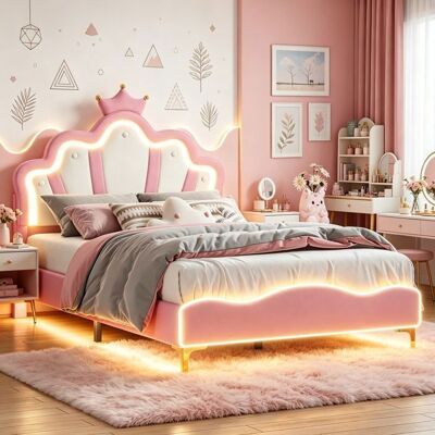 SHAODENG Lit Enfant Fille 140x190 cm avec LED Lit Princesse avec Tête de Lit Couronne Cadre de Lit 140x190 avec Sommier à Lattes PU Rose Rose - Publicité SHAODENG Lit Enfant Fille 140x190 cm avec LED Lit Princesse avec Tête de Lit Couronne Cadre de Lit 140x190 avec Sommier à Lattes PU Rose Rose - Publicité