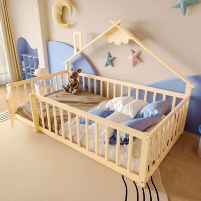 Lit enfant - MERAX - Lit cabane 90x190 cm - Bois de pin naturel - Barrière sécurité verrou - Sommier à lattes Jaune - Publicité Lit enfant - MERAX - Lit cabane 90x190 cm - Bois de pin naturel - Barrière sécurité verrou - Sommier à lattes Jaune - Publicité