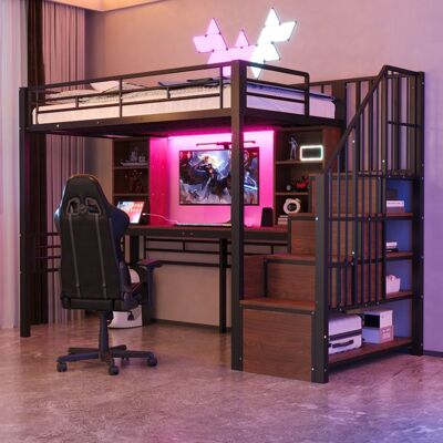 Lit mezzanine - LEMONBEST - 90x200 - Bureau intégré - Escalier rangement - LED multicolore - Noir Noir - Publicité Lit mezzanine - LEMONBEST - 90x200 - Bureau intégré - Escalier rangement - LED multicolore - Noir Noir - Publicité
