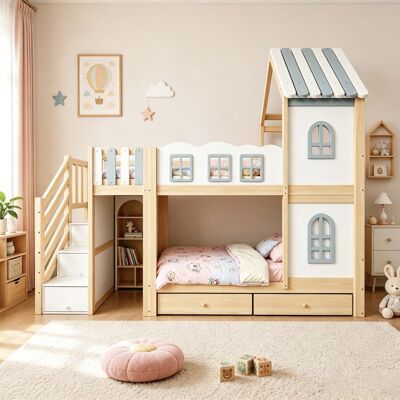 Lit superposé enfant - LEMONBEST - Lit cabine 90x200 cm - 2 tiroirs - Sommier à lattes - Pin/Blanc Blanc - Publicité Lit superposé enfant - LEMONBEST - Lit cabine 90x200 cm - 2 tiroirs - Sommier à lattes - Pin/Blanc Blanc - Publicité