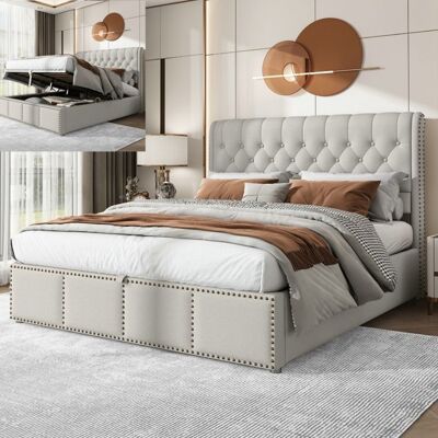 Lit coffre - LANGTU - 140x200 cm - Coton-lin gris - Sommier à lattes inclus - Tête de lit capitonnée 1025 cm Gris - Publicité Lit coffre - LANGTU - 140x200 cm - Coton-lin gris - Sommier à lattes inclus - Tête de lit capitonnée 1025 cm Gris - Publicité