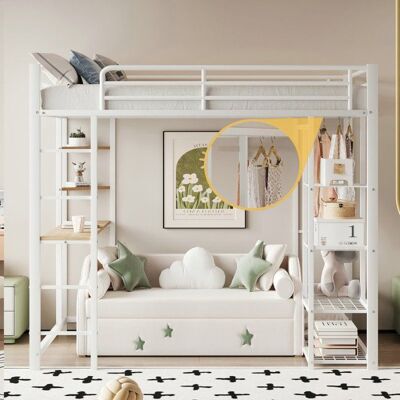 Lit mezzanine - LANGTU - 140x200 - Métal blanc - Avec bureau & armoire - Sommier à lattes Blanc - Publicité Lit mezzanine - LANGTU - 140x200 - Métal blanc - Avec bureau & armoire - Sommier à lattes Blanc - Publicité