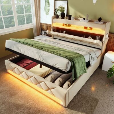 MERAX Lit Coffre avec Rangement Hydraulique 180x200 Tête de Lit avec Ports USB et Type C Éclairage LED 360° Beige Lin (Sans Matelas) Beige - Publicité MERAX Lit Coffre avec Rangement Hydraulique 180x200 Tête de Lit avec Ports USB et Type C Éclairage LED 360° Beige Lin (Sans Matelas) Beige - Publicité